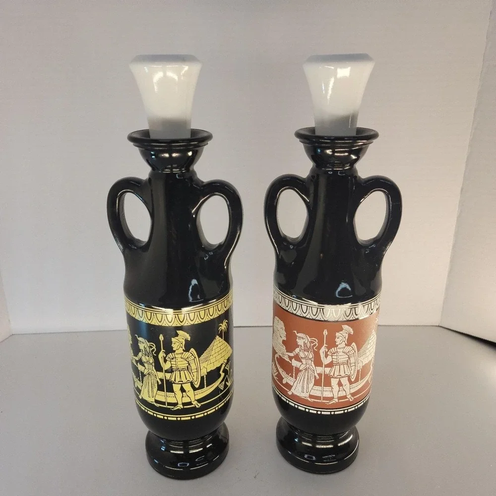 Vintage 1962 Cleopatra Egyptian Decanter Pair D-334 Black Glass
